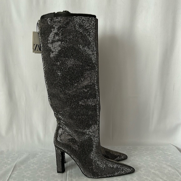 Zara NWT Sexy Silver Glittery Tall Heeled Boots Shoes **Size 42/US Size 11**🔥🔥 - Picture 4 of 7
